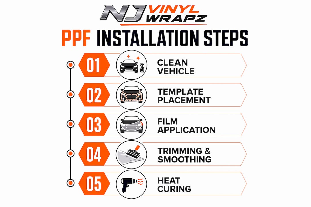 Infographic illustrating paint protection film installation steps