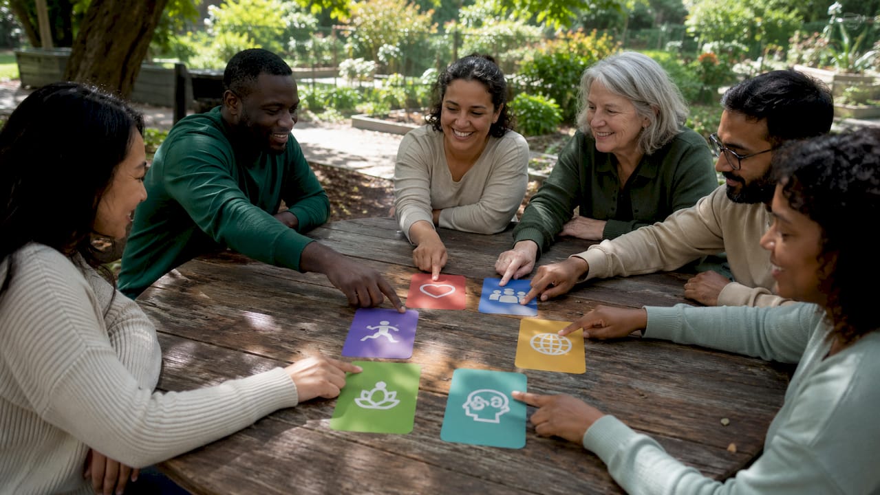 Hands choosing cards of six health dimensions on table