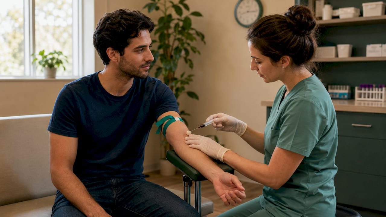 Young man getting blood drawn for lipid blood test in clinic