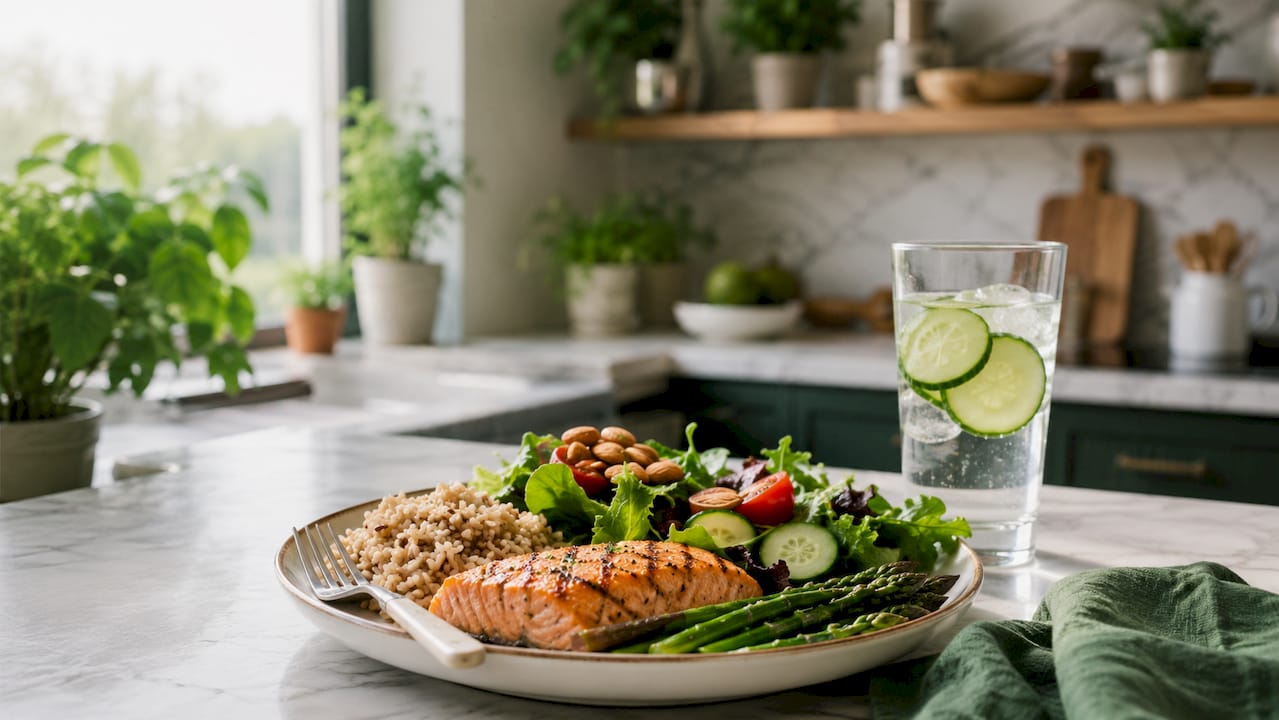 Balanced diabetes friendly meal plate overhead