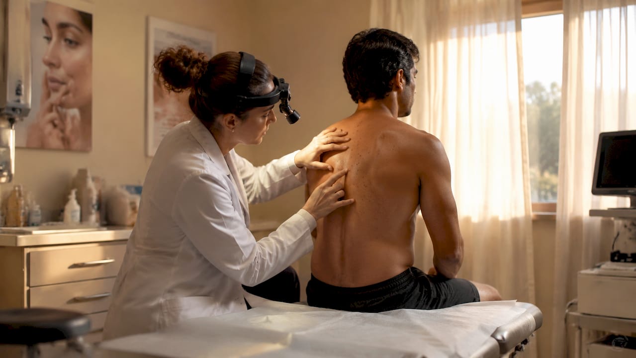Dermatologist using dermatoscope examining patient's back