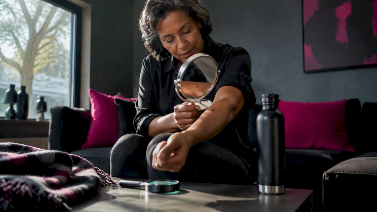 Woman checking mole on arm with mirror