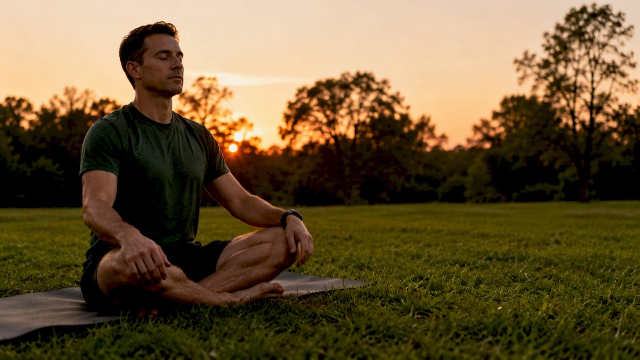 Man practicing breathing exercise on yoga mat indoors
