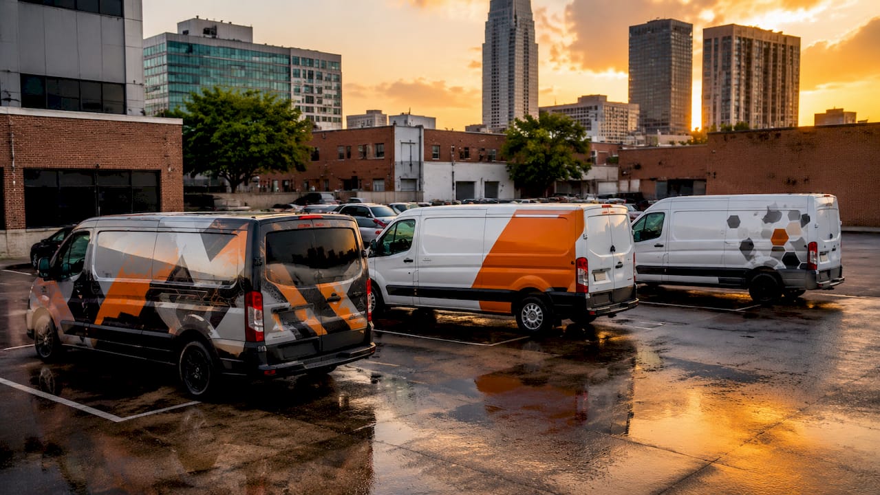 Different types of vehicle wraps on fleet vehicles