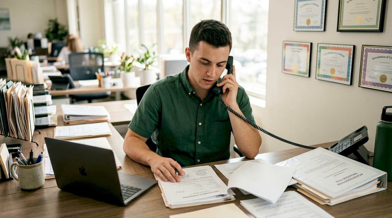 Credentialing specialist verifying documents via phone