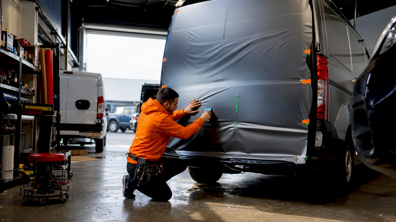 Installer applying full vehicle wrap on van