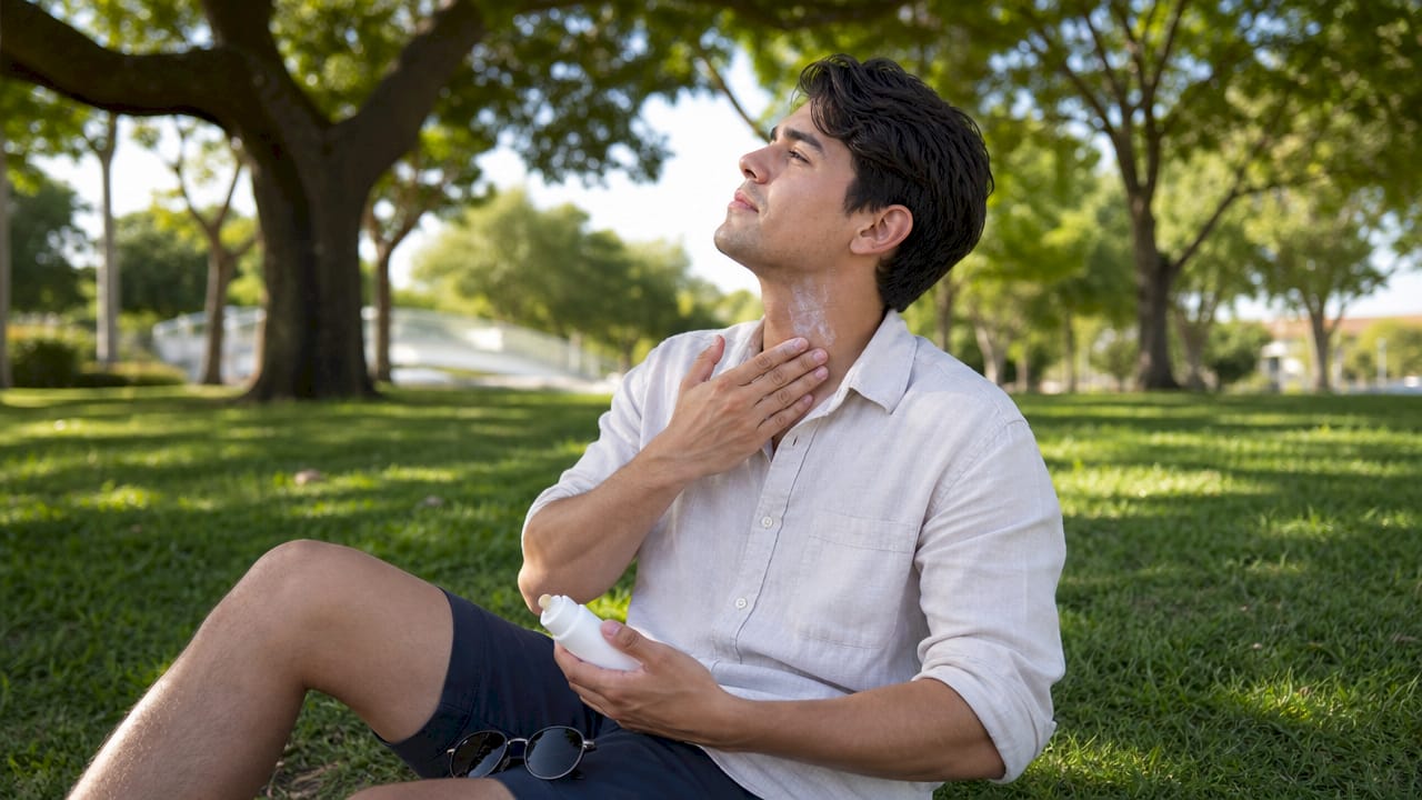 Young man applying sunscreen outdoors