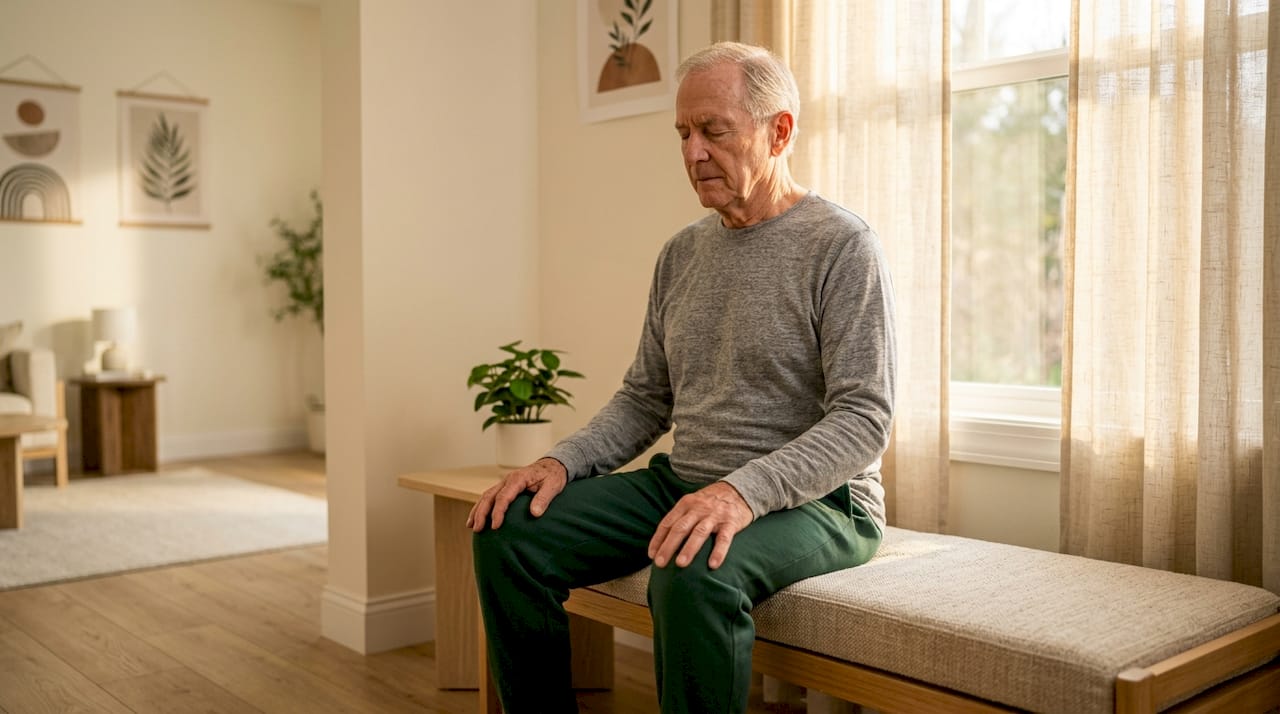 Elderly man practicing breathing exercises indoors