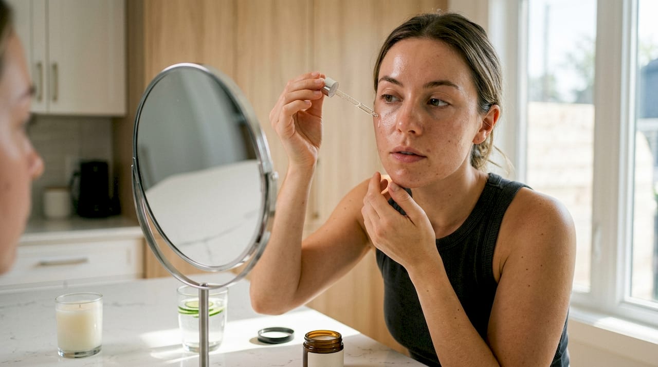 Woman applying hydrating facial serum at home bathroom