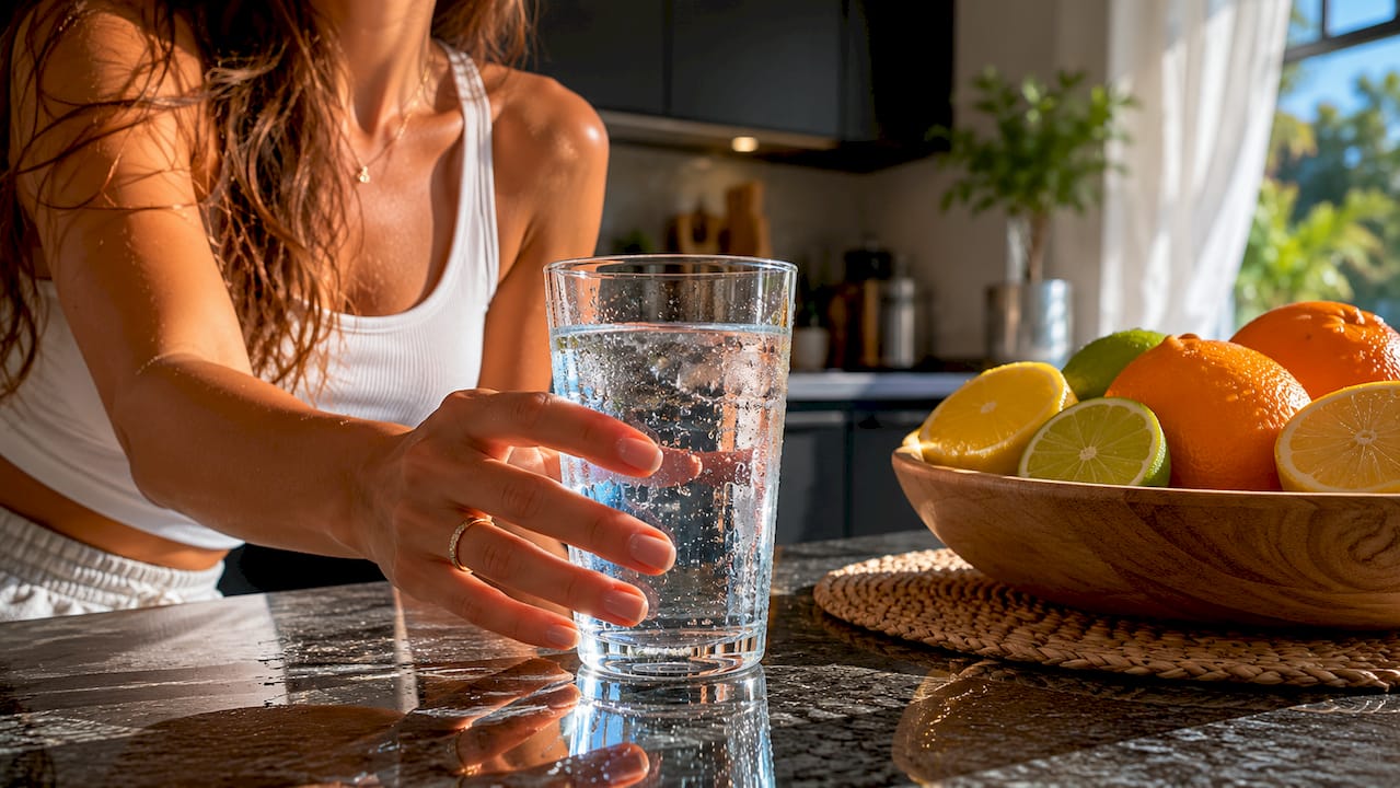 Glass of water and healthy snacks for skin hydration