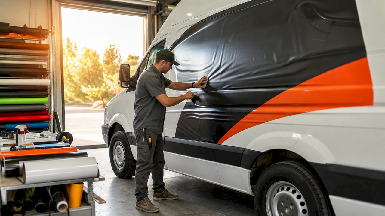 Technician applying vehicle wrap indoors