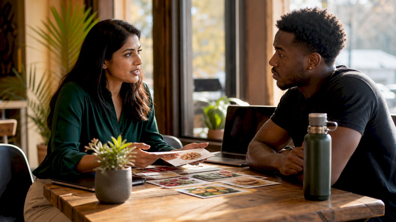 Nutritionist counseling client on weight management