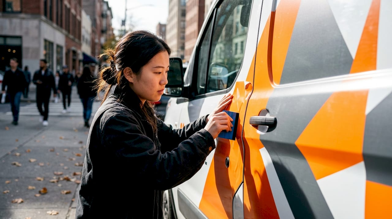 Hands applying approved wrap financing sticker on van