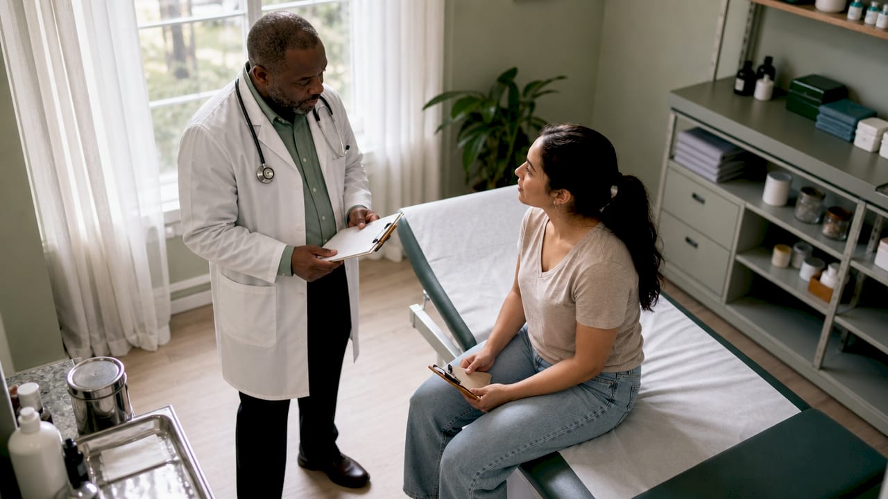 Doctor advising patient in urgent care lobby