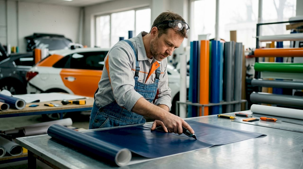 Sign fabricator cutting vinyl in workshop