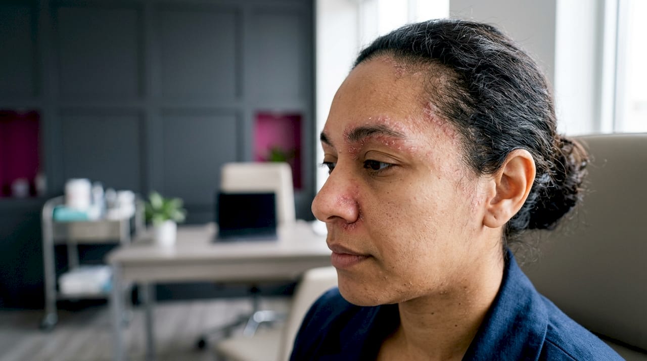Close-up of facial skin with seborrheic dermatitis