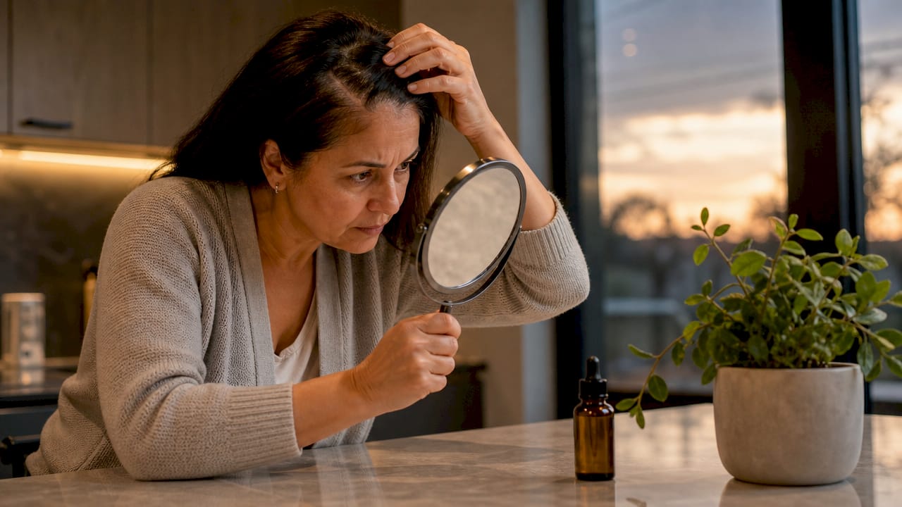 Woman examining scalp flakes in mirror