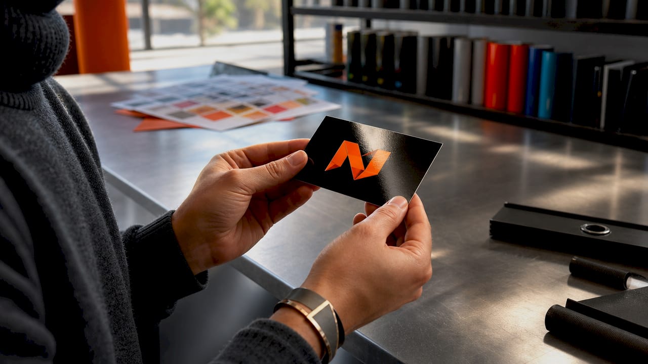 Close-up of hands holding matte business card