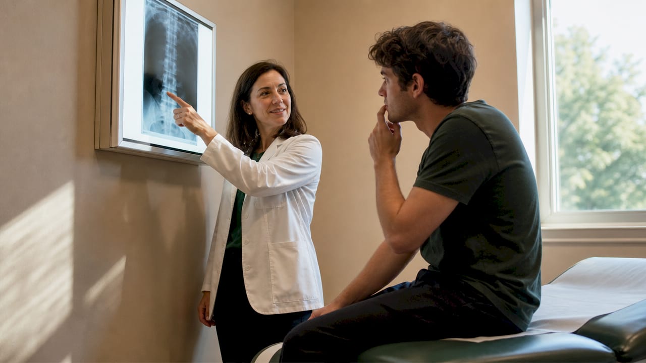Clinician explaining X-ray to patient in exam room