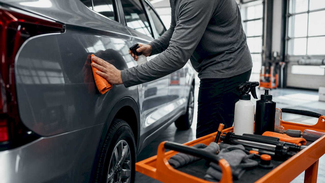 Hands cleaning vehicle surface for wrap