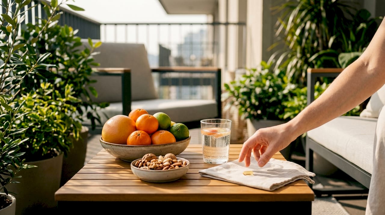 Close-up of healing nutrition essentials on kitchen counter