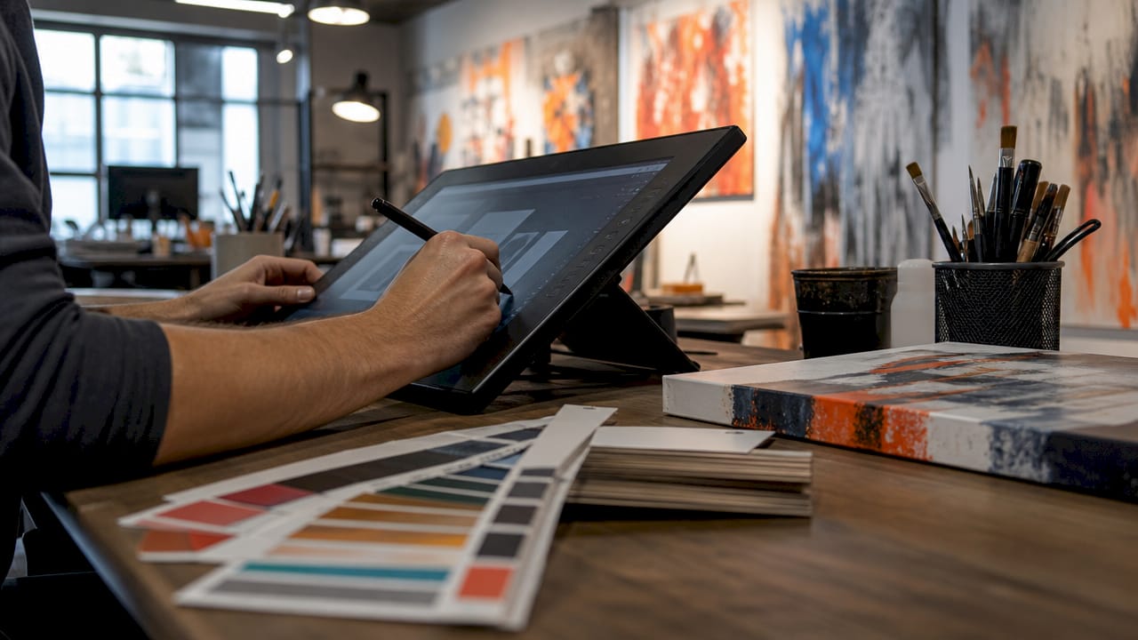 Hands adjusting typography on graphic tablet