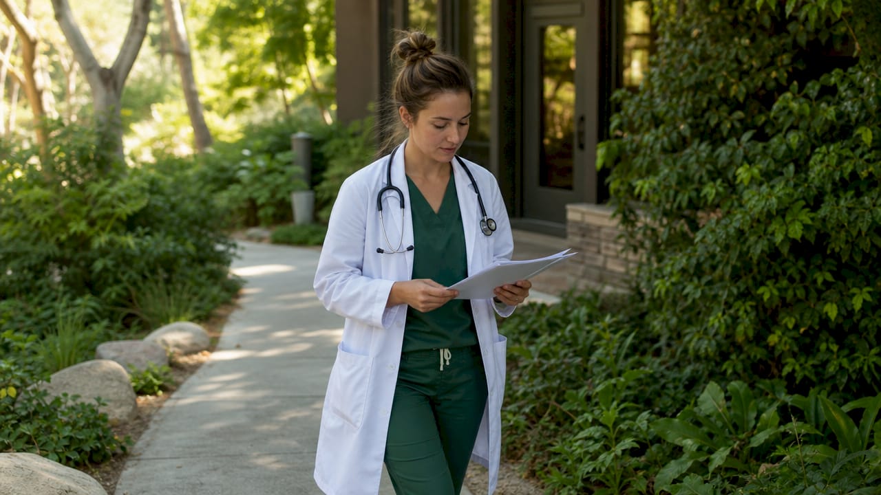 Medical resident walking hospital corridor reviewing notes