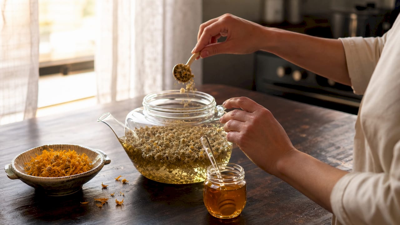 Hands preparing chamomile herbal tea infusion