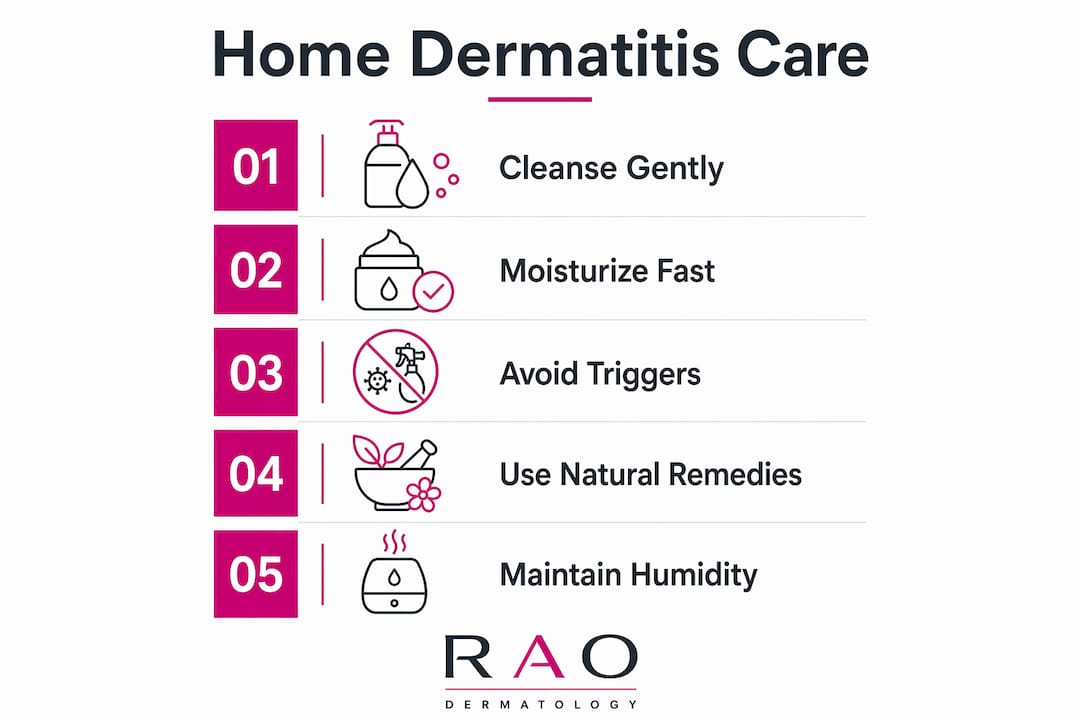 Infographic showing step-by-step home dermatitis care