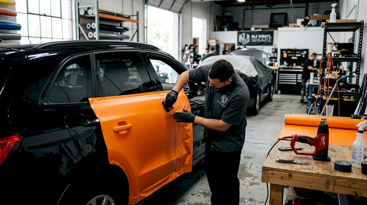 Hands smoothing vinyl wrap on vehicle door