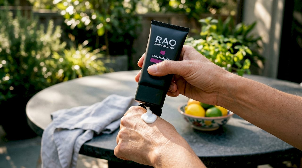 Close-up of hands applying sunscreen cream