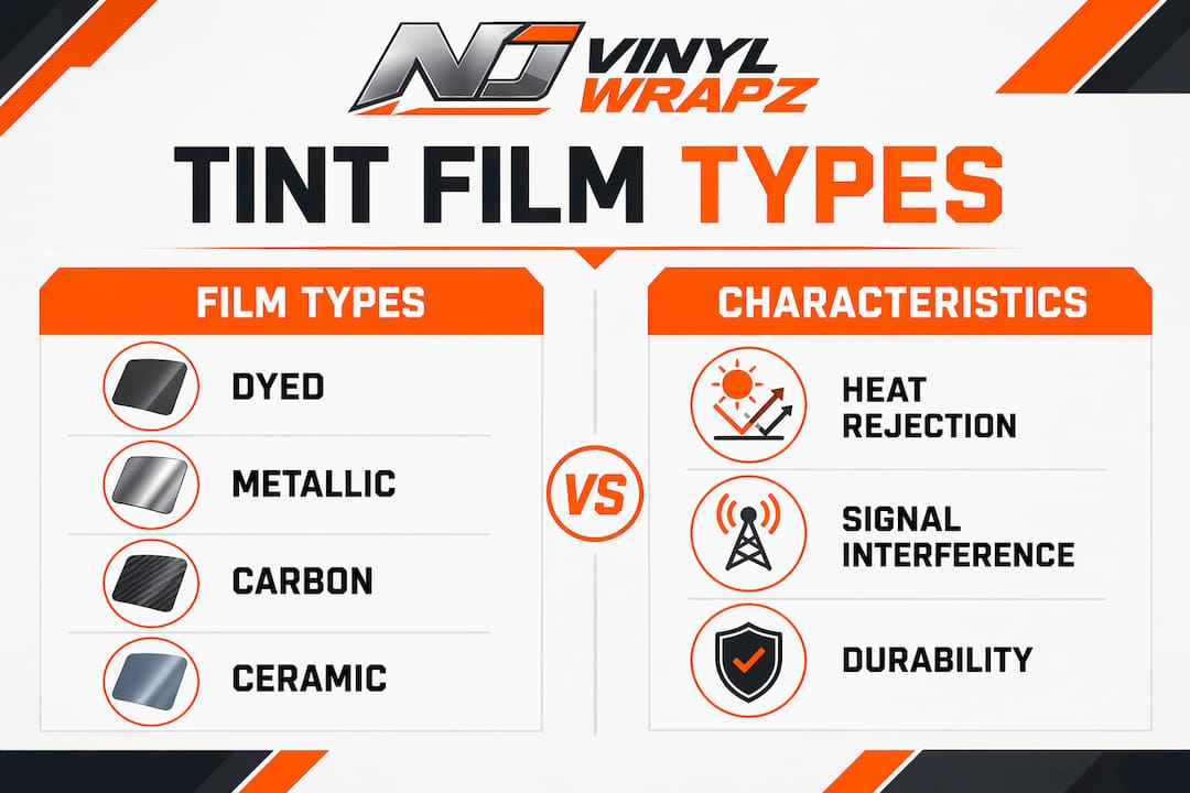 Infographic comparing types of window tint films and their characteristics