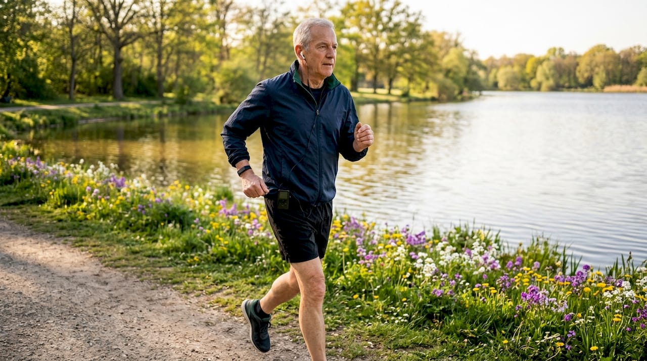 Senior man walking briskly on trail for heart fitness