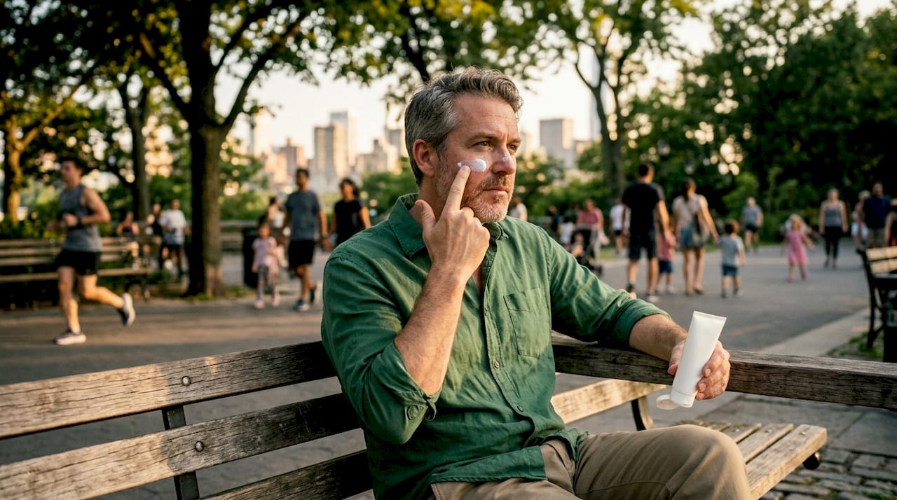 Man applying sunscreen outdoors in sunlight