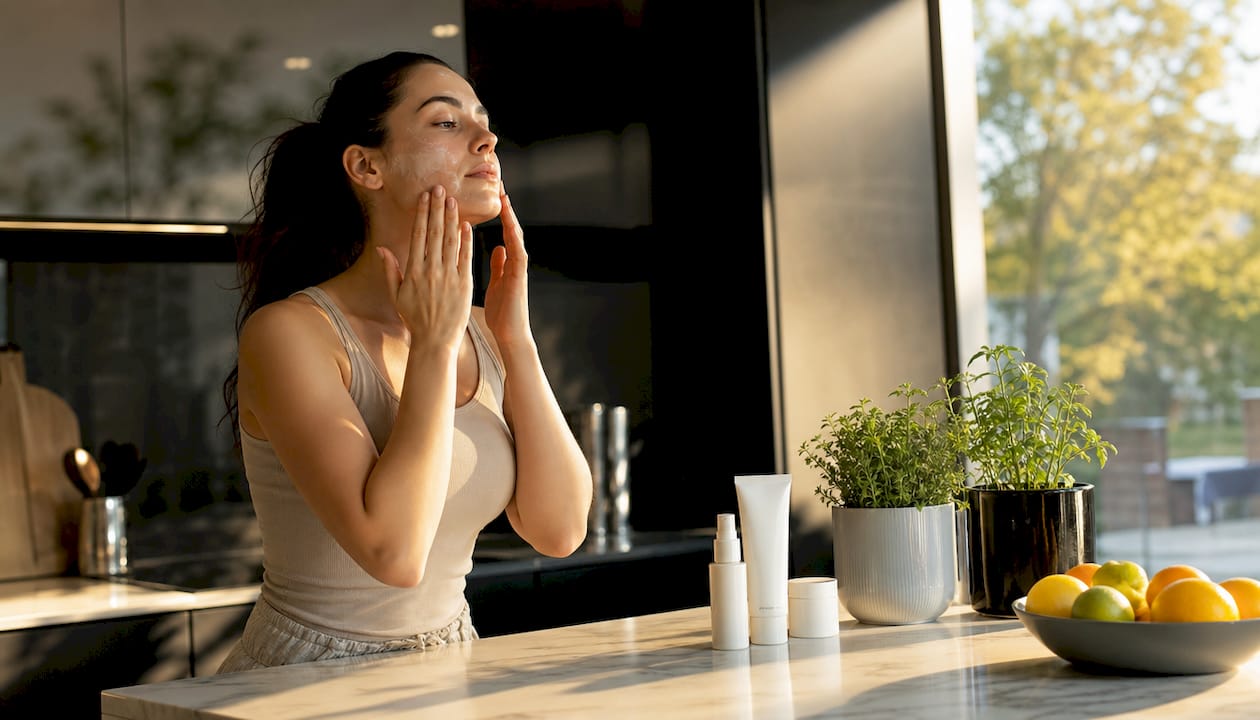 Woman applying sunscreen in bathroom
