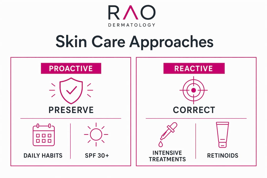 Infographic comparing proactive and reactive skin care approaches