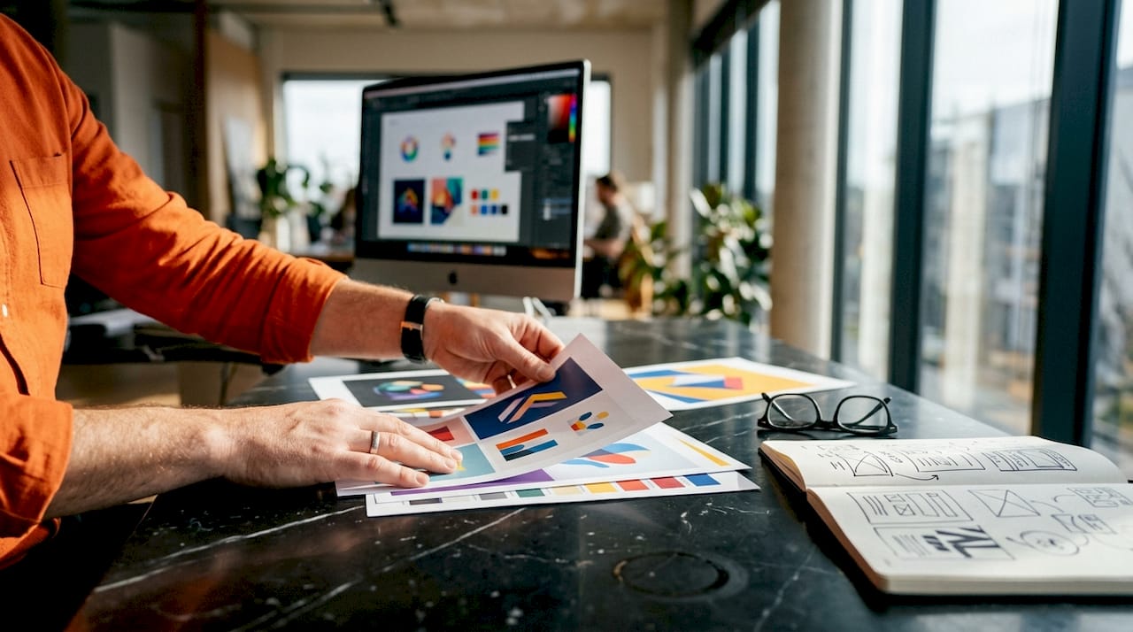 Graphic designer arranging layered print proofs