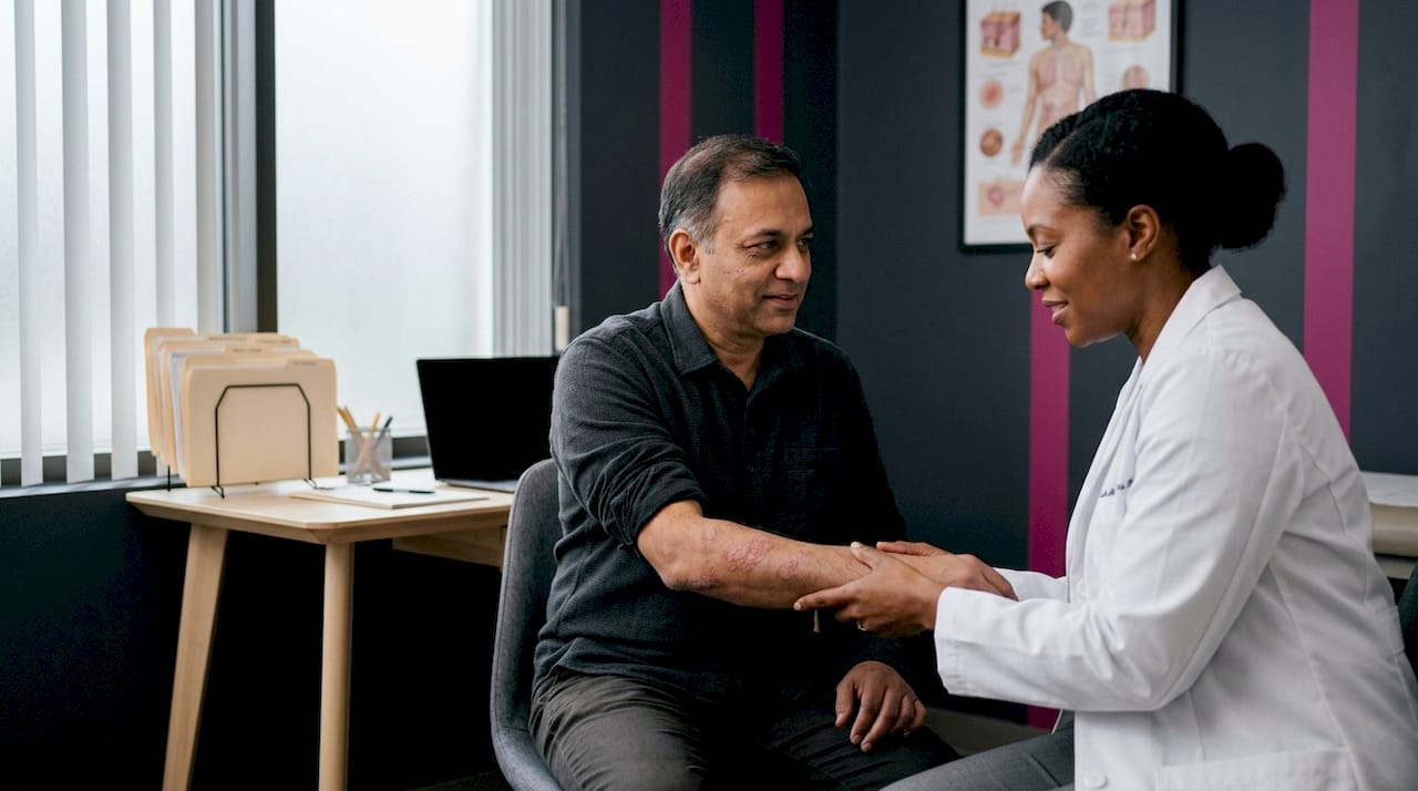 Dermatologist examining eczema rash on patient’s arm