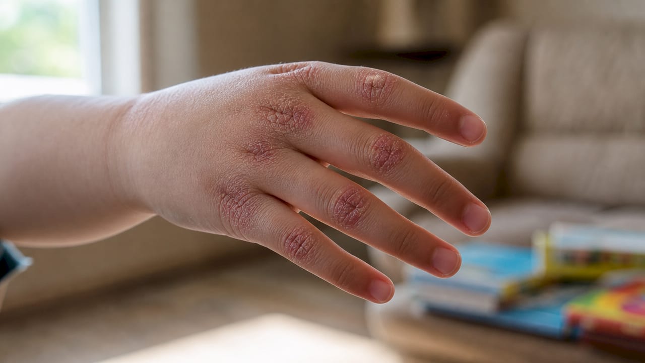 Close-up of child’s hand with atopic dermatitis symptoms