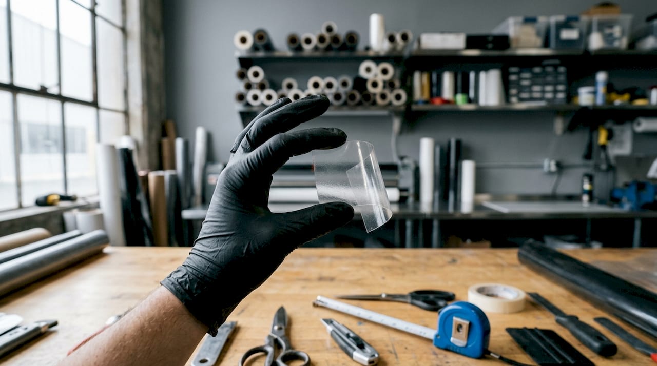Hand holding translucent TPU paint protection film sample