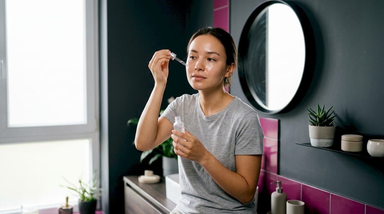 Hands holding serum bottle near bathroom sink