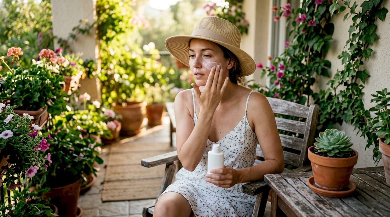 Woman applying sunscreen on rooftop garden