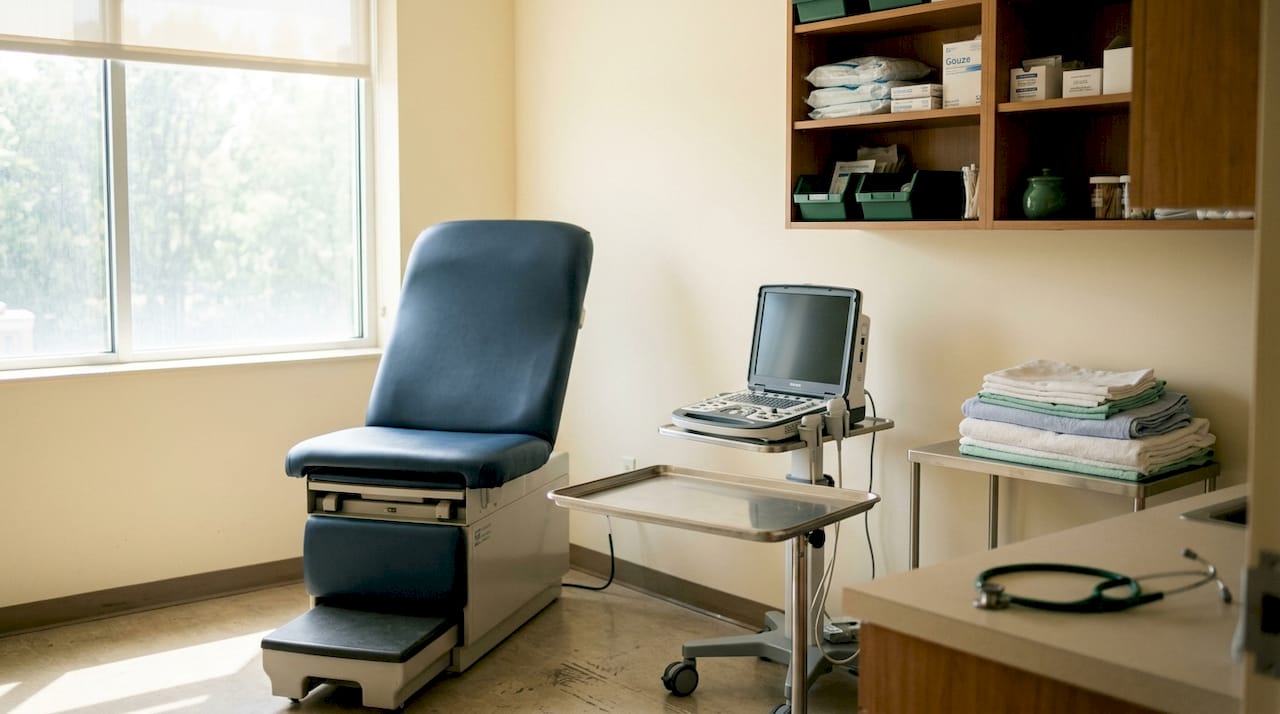 Empty outpatient procedure room with medical tools