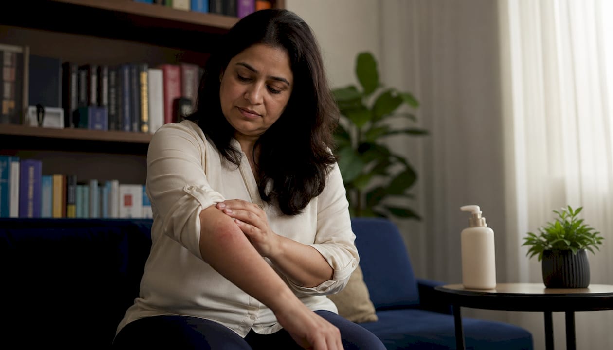 Woman examining eczema patch on arm