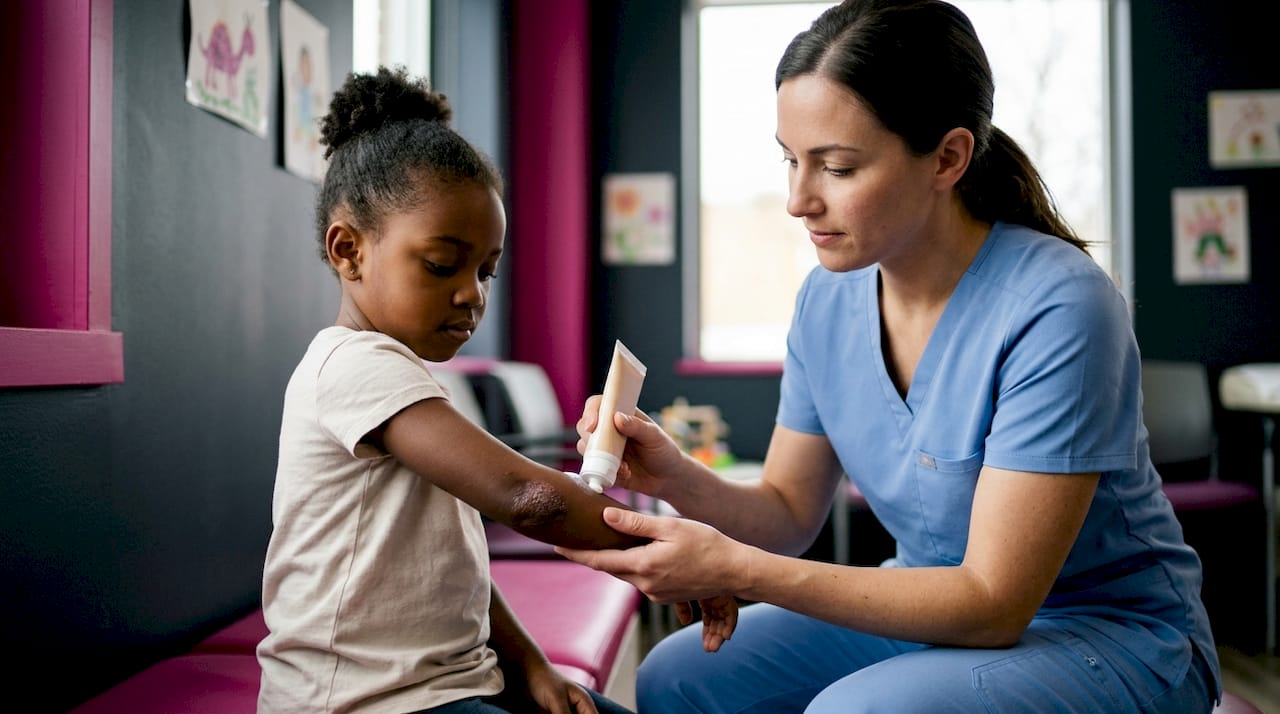 Nurse applying cream to child's eczema patch