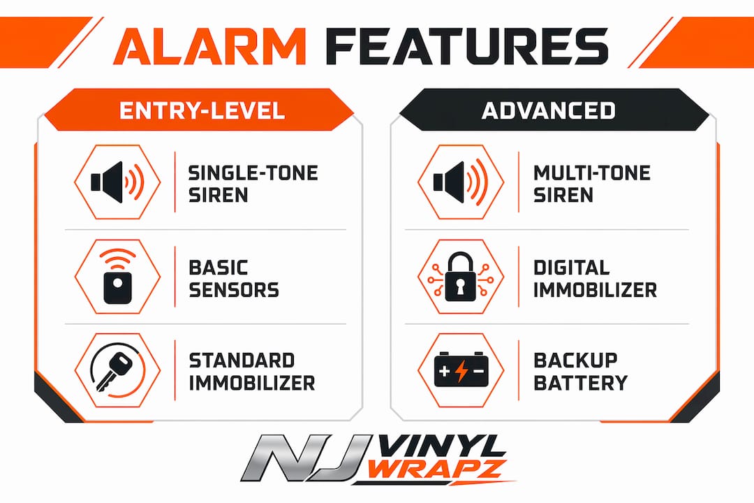 Infographic comparing entry-level and advanced car alarm features