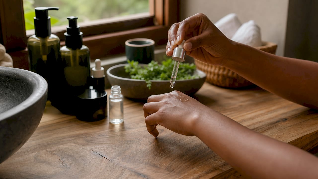 Hands applying hydrating serum on skin