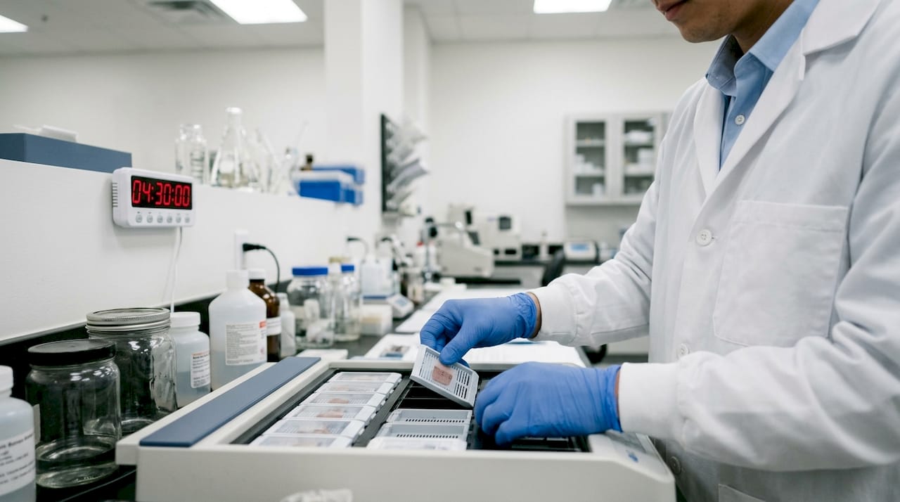 Histology technician processing skin biopsy tissue