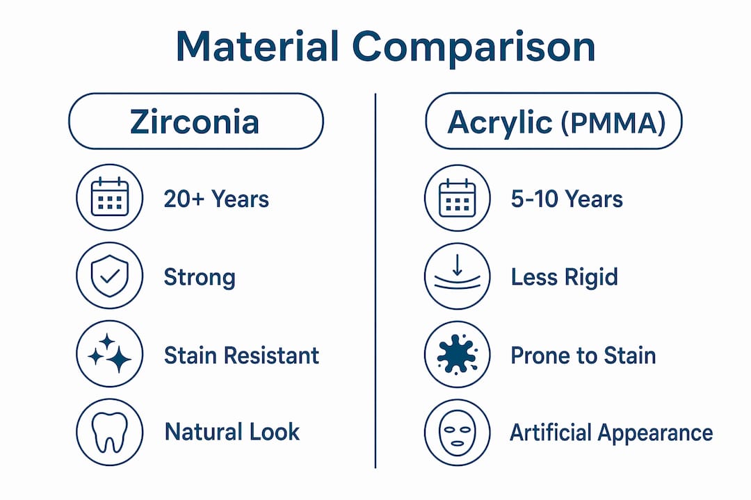 Comparison infographic of zirconia vs acrylic implant materials