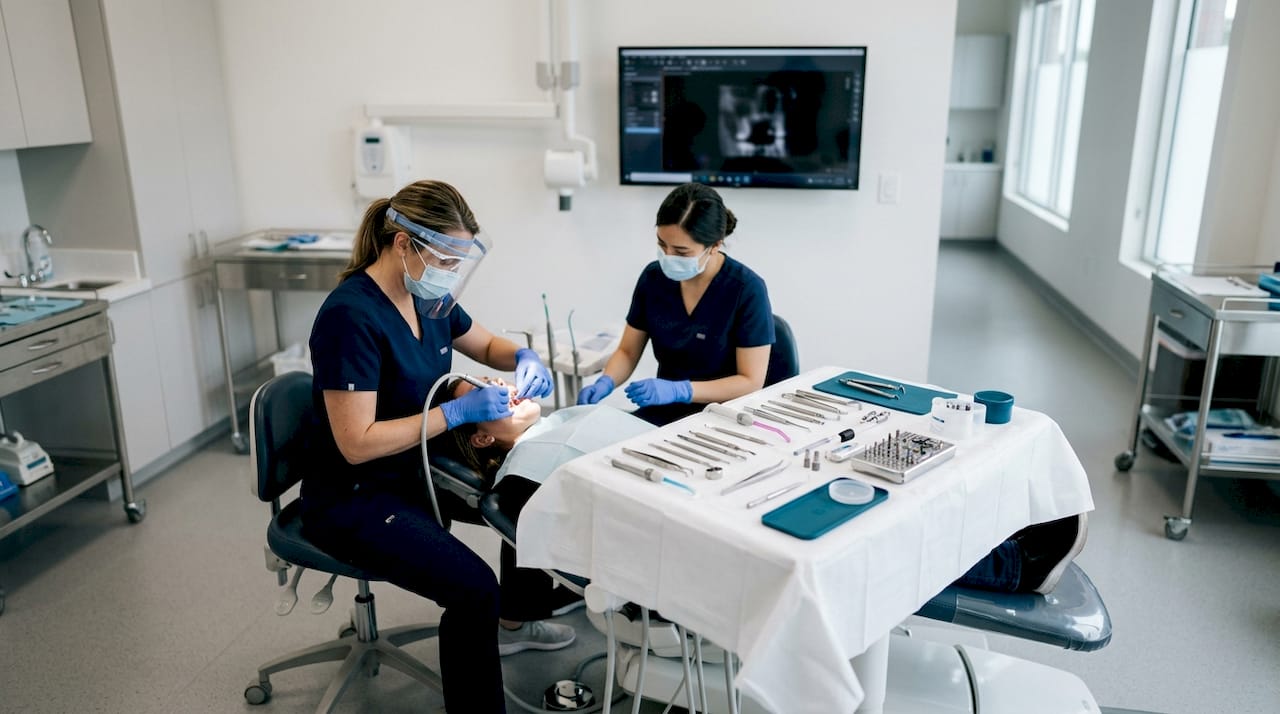 Surgeon’s hands performing All-on-4 dental implant surgery